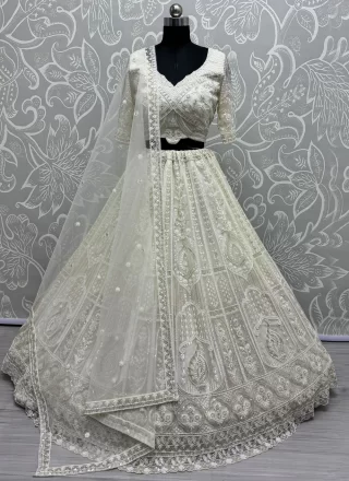 White Net Embroidered, Fancy, Floral Patch, Hand, Moti and Sequins Work Readymade Lehenga Choli for Ceremonial