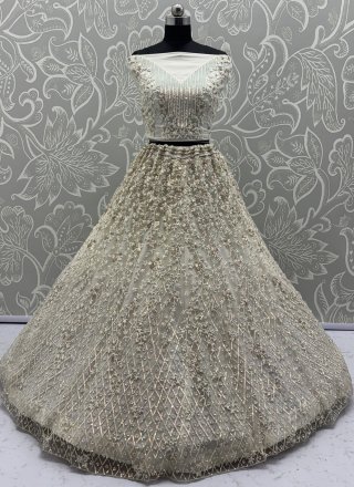 White Net Embroidered, Multi, Sequins, Thread, Zari and Zircon Work A - Line Lehenga Choli