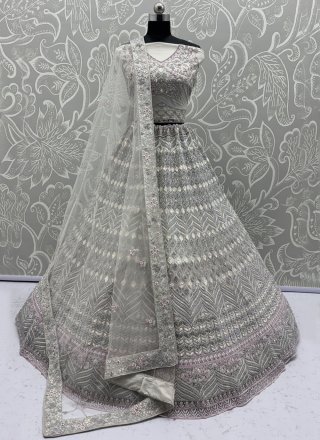 White Net Embroidered, Sequins, Zari and Zircon Work Lehenga Choli for Engagement