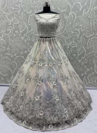 White Net Lehenga Choli with Diamond, Dori, Embroidered, Multi, Sequins, Thread and Zircon Work for Engagement