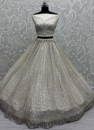 White Net Lehenga Choli with Diamond, Multi, Sequins, Thread and Zircon Work