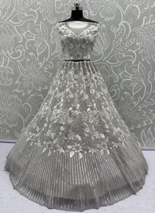 White Net Lehenga Choli with Dori, Embroidered, Sequins, Thread and Zircon Work