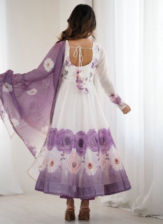 White Organza Anarkali Suit with Floral Patch Work for Casual