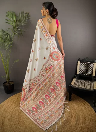 White Pashmina Weaving Work Classic Sari