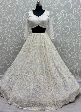 White Pure Georgette Readymade Lehenga Choli with Embroidered, Fancy, Floral Patch, Hand, Moti and Sequins Work for Ceremonial