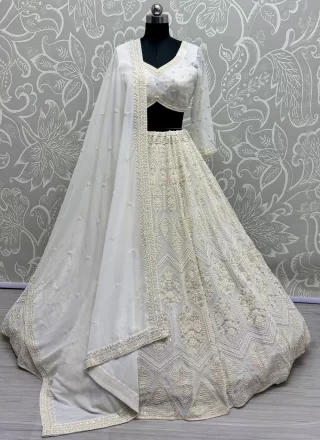 White Pure Georgette Readymade Lehenga Choli with Embroidered, Fancy, Floral Patch, Hand, Moti and Sequins Work for Ceremonial