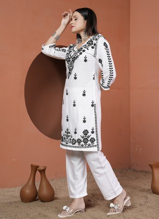 White Rayon Chikankari and Embroidered Work Casual Kurti for Casual