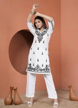 White Rayon Chikankari and Embroidered Work Casual Kurti for Casual