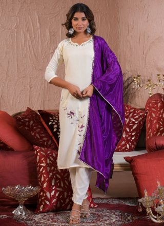 White Rayon Embroidered Work Readymade Salwar Suit
