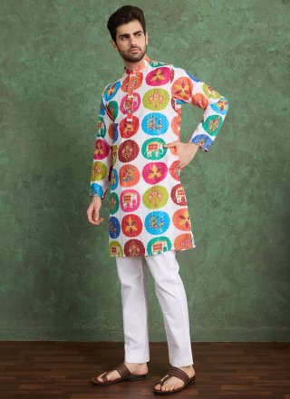 White Rayon Fancy, Print and Zari Work Kurta Mens Wear