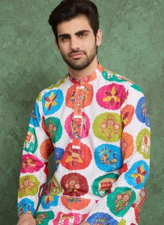White Rayon Fancy, Print and Zari Work Kurta Mens Wear