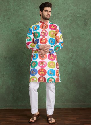 White Rayon Fancy, Print and Zari Work Kurta Mens Wear