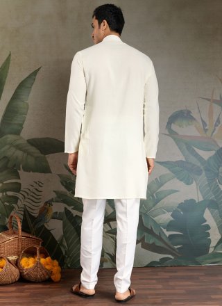 White Rayon Kurta Mens Wear with Mirror and Thread Work