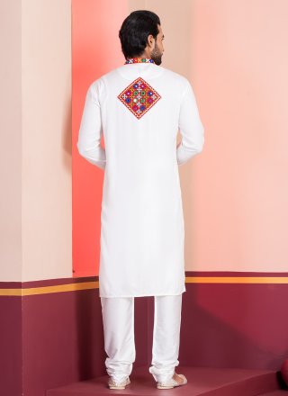 White Rayon Kurta Pyjama with Embroidered and Lace Work