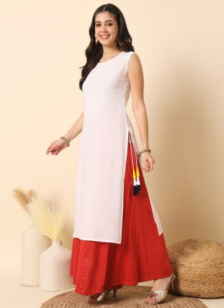 White Rayon Plain Work Party Wear Kurti