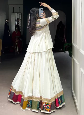 White Rayon Readymade Lehenga Choli with Lace, Multi, Patch Border and Zari Work