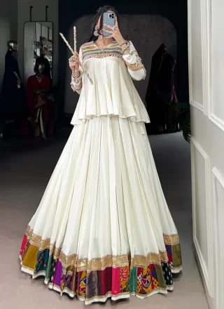 White Rayon Readymade Lehenga Choli with Lace, Multi, Patch Border and Zari Work