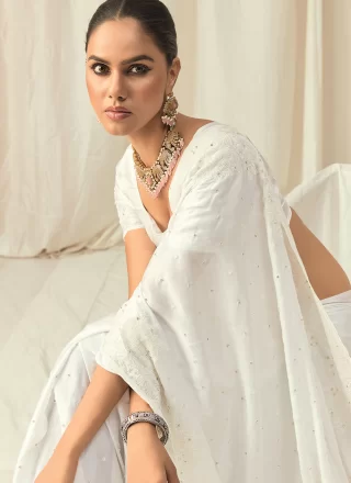 White Satin Beads, Embroidered, Floral Patch, Sequins and Thread Work Trendy Saree for Party