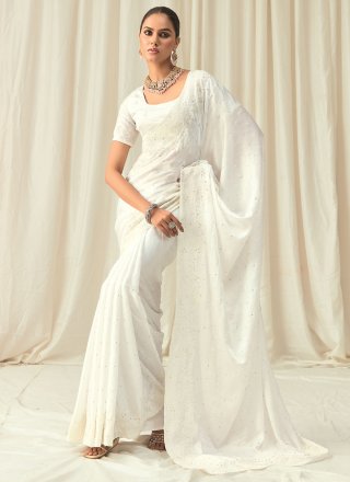White Satin Beads, Embroidered, Floral Patch, Sequins and Thread Work Trendy Saree for Party