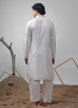 White Satin Kurta Pyjama with Embroidered and Sequins Work for Ceremonial