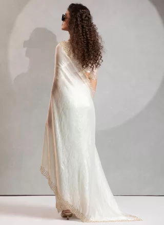 White Satin Silk Classic Sari with Beads, Cut Dana, Cut and Zircon Work