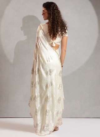White Satin Silk Contemporary Sari