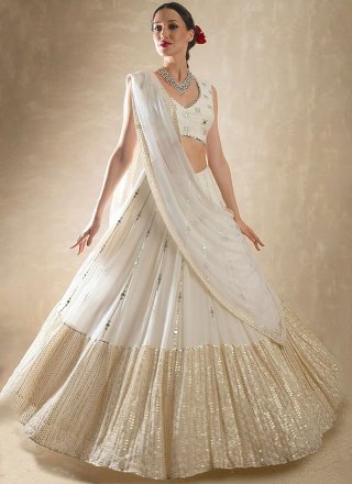 White Silk A - Line Lehenga Choli with Mirror and Sequins Work
