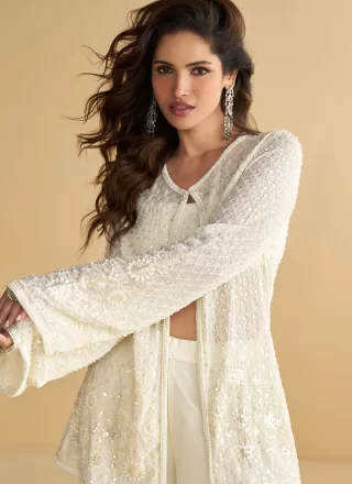 White Silk Beads, Sequins and Thread Work Readymade Style