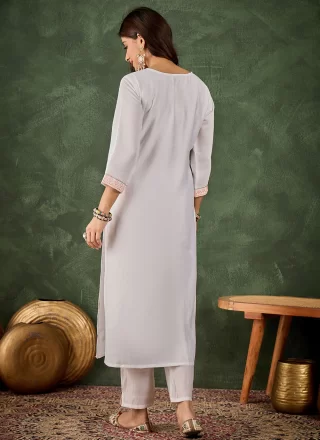 White Silk Blend Embroidered Work Casual Kurti