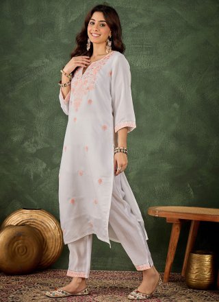 White Silk Blend Embroidered Work Casual Kurti