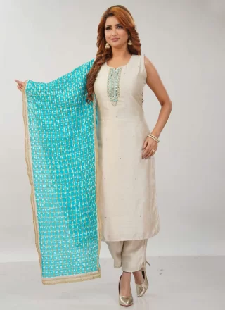 White Silk Embroidered and Zari Work Readymade Style