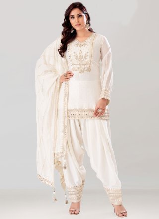 White Silk Embroidered and Zari Work Salwar Suit for Ceremonial