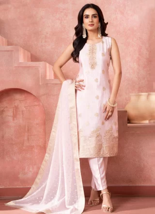 White Silk Embroidered and Zari Work Salwar Suit