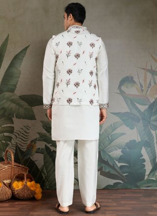 White Silk Embroidered Work Kurta Payjama with Jacket for Ceremonial