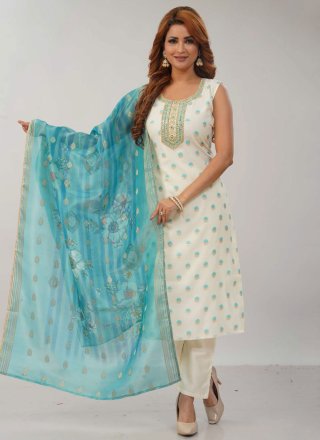 White Silk Embroidered Work Pant Style Suit for Ceremonial