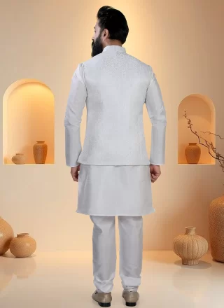 White Silk Fancy Work Kurta Payjama with Jacket for Ceremonial