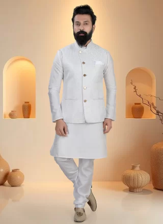 White Silk Fancy Work Kurta Payjama with Jacket for Ceremonial