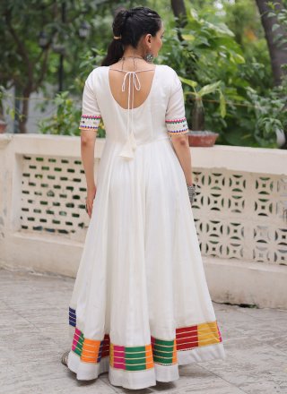White Silk Gown with Mirror and Thread Work