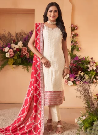 White Silk Jacquard and Zari Work Readymade Style for Ceremonial