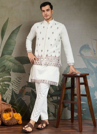 White Silk Kurta Payjama with Jacket