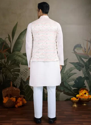 White Silk Kurta Payjama with Jacket with Jacquard, Mirror, Thread and Weaving Work