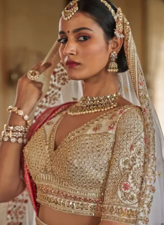 White Silk Lehenga Choli with Embroidered, Pearls, Sequins, Thread, Weaving and Zari Work