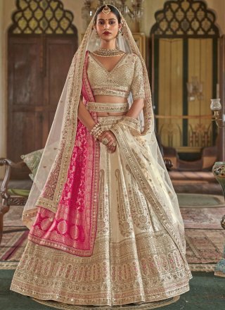 White Silk Lehenga Choli with Embroidered, Pearls, Sequins, Thread, Weaving and Zari Work