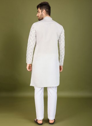 White Silk Sequins and Thread Work Kurta Mens Wear