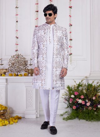 White Thread Work Art Silk Indo Western