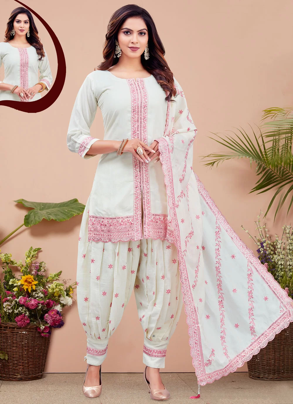White Vichitra Silk Punjabi Salwar Suit with Buy Online