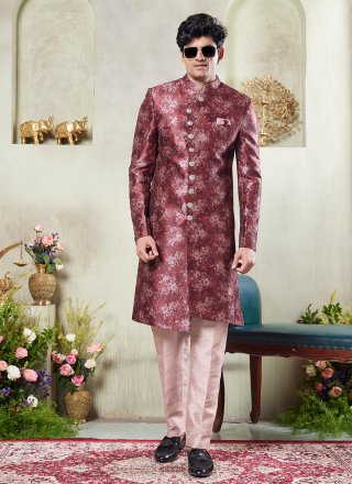 Wine Art Silk Sherwani Mens Wear