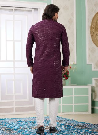Wine Art Silk Thread Work Kurta Pyjama for Ceremonial