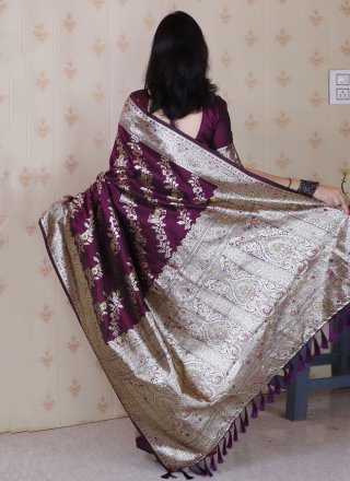 Wine Banarasi Silk Classic Saree with Woven Work