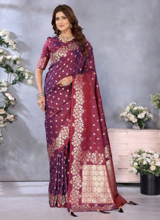 Wine Banarasi Silk Contemporary Sari with Jacquard and Weaving Work